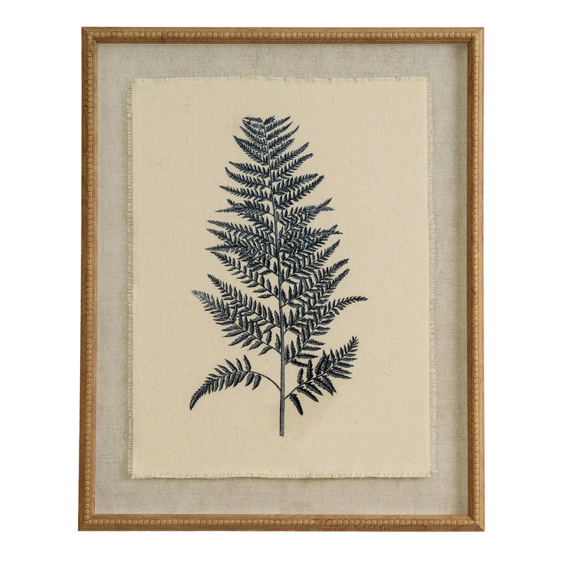 Beech fern print on linen in a beaded wood frame, front view