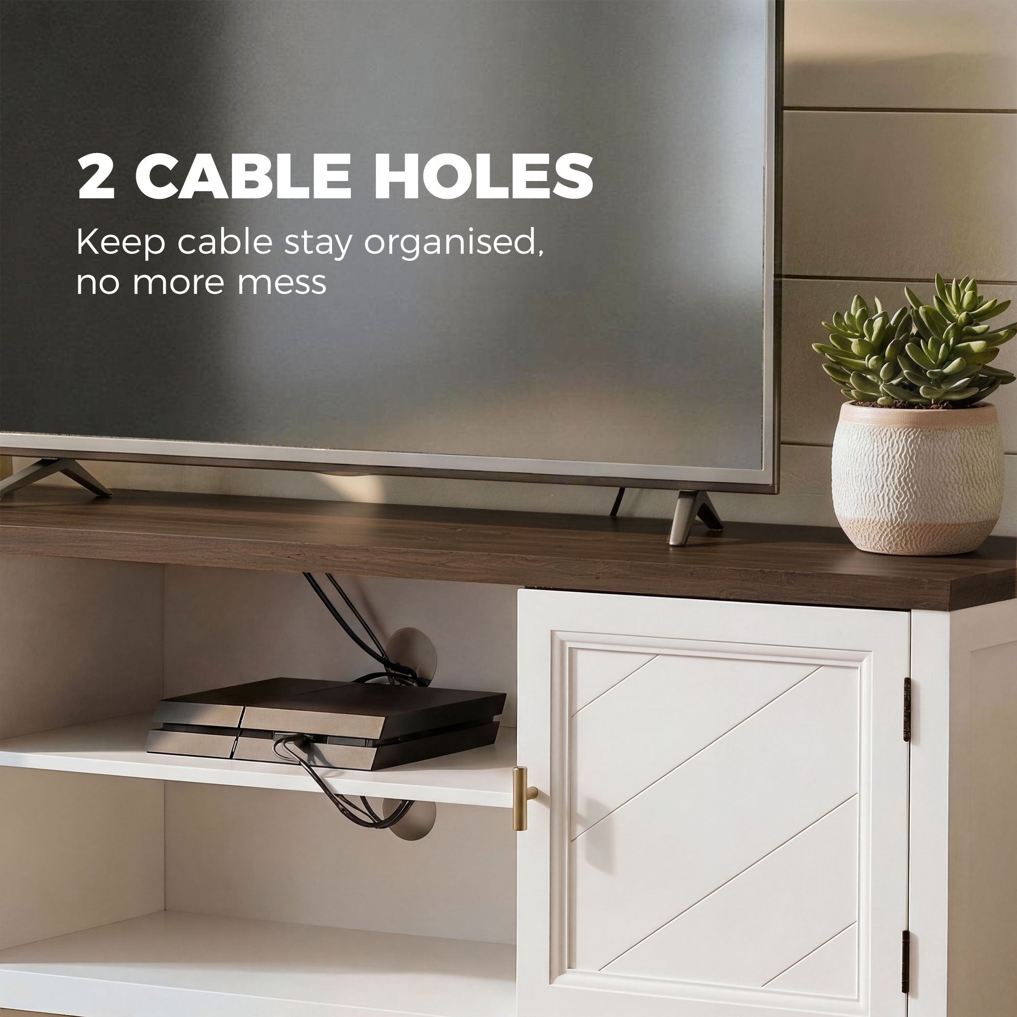 TV Unit for TVs up to 42 Inch, Farmhouse Entertainment Centre with 2 Open Shelves, 2 Cabinets and Thick Top