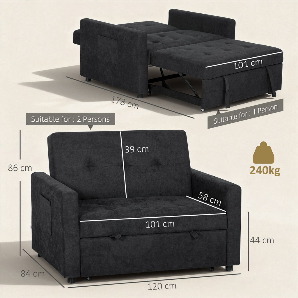 Loveseat Sofa Bed, Convertible Bed Settee with 2 Pillows, Side Pockets, Black