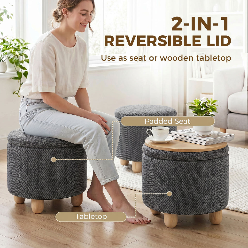 Storage Sitting Bench with Lid, Round Storage Ottoman with Rubberwood Legs, Dark Grey