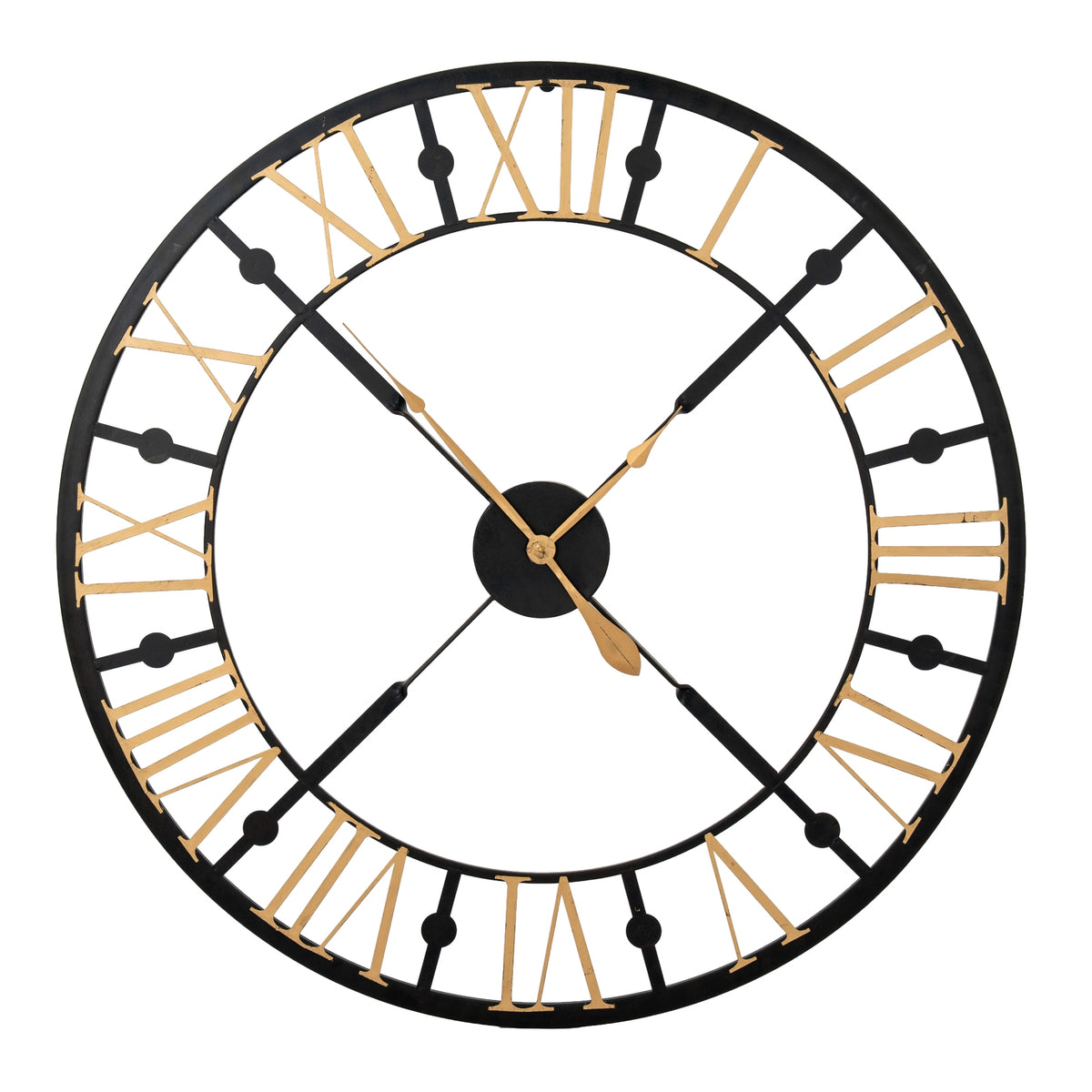 Black and gold metal skeleton wall clock with Roman numerals