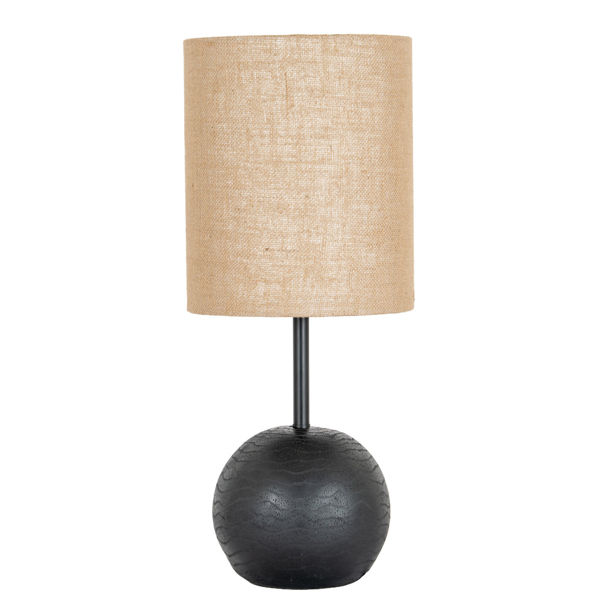 Black cannon ball table lamp with hessian drum shade