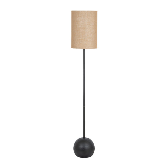 Black cannonball floor lamp with hessian drum shade, front view