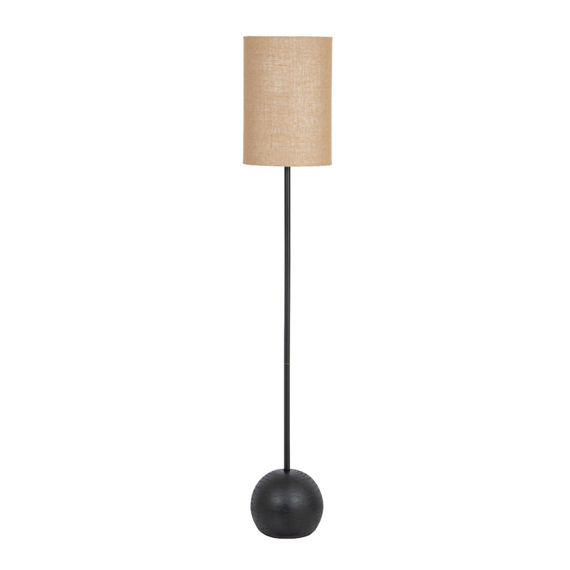 Black cannonball floor lamp with hessian drum shade, front view