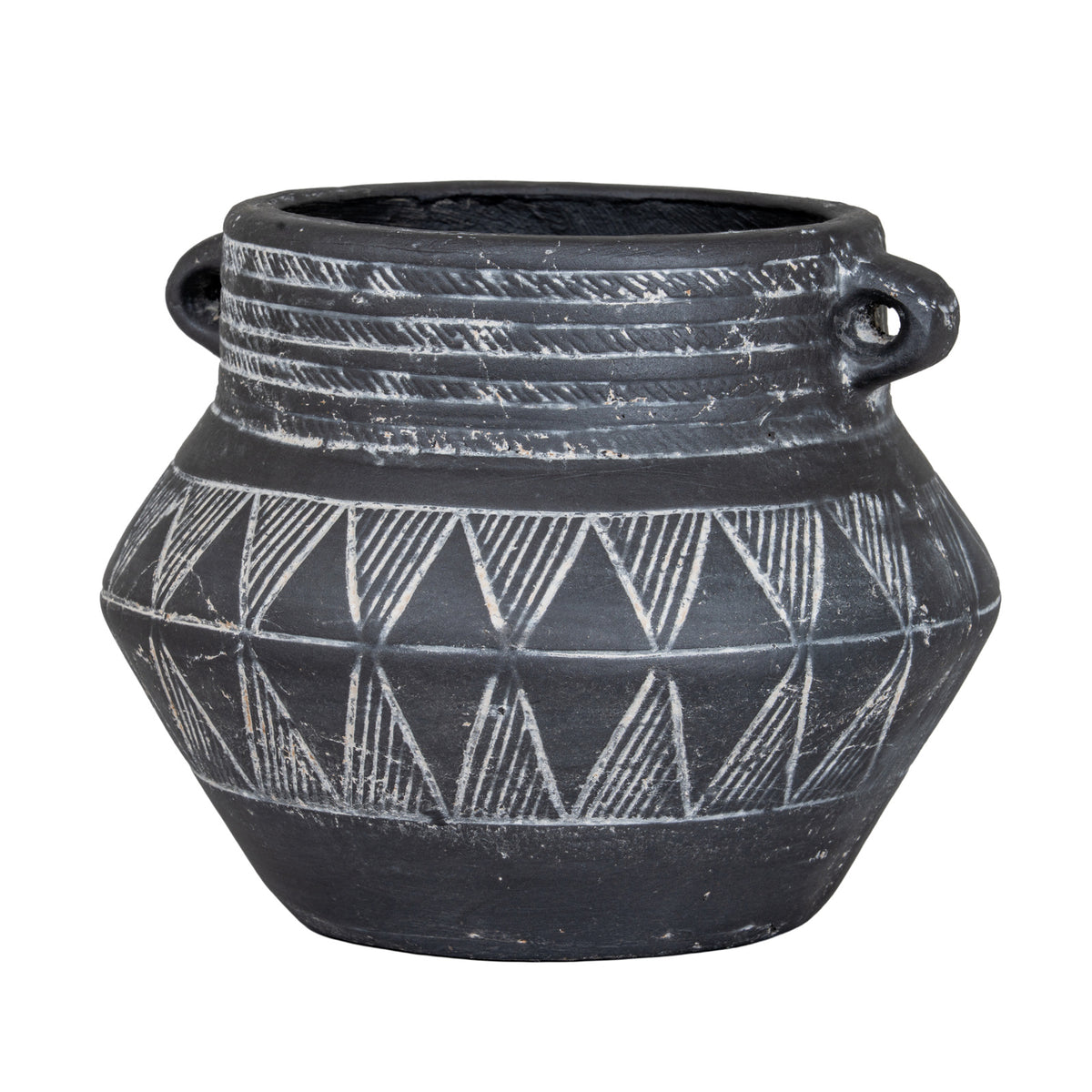 Black etched ceramic pot with two loop handles