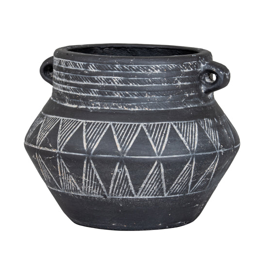 Black etched ceramic pot with two loop handles