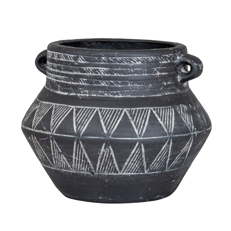 Black etched ceramic pot with two loop handles