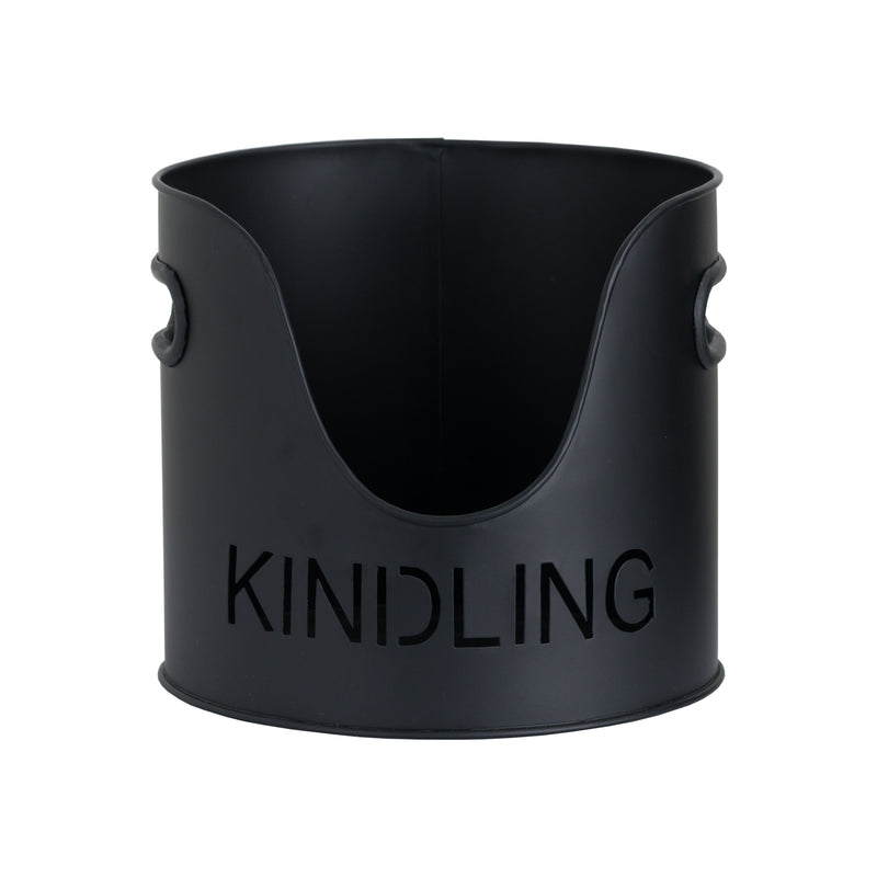 Black kindling bucket with cut-out KINDLING lettering