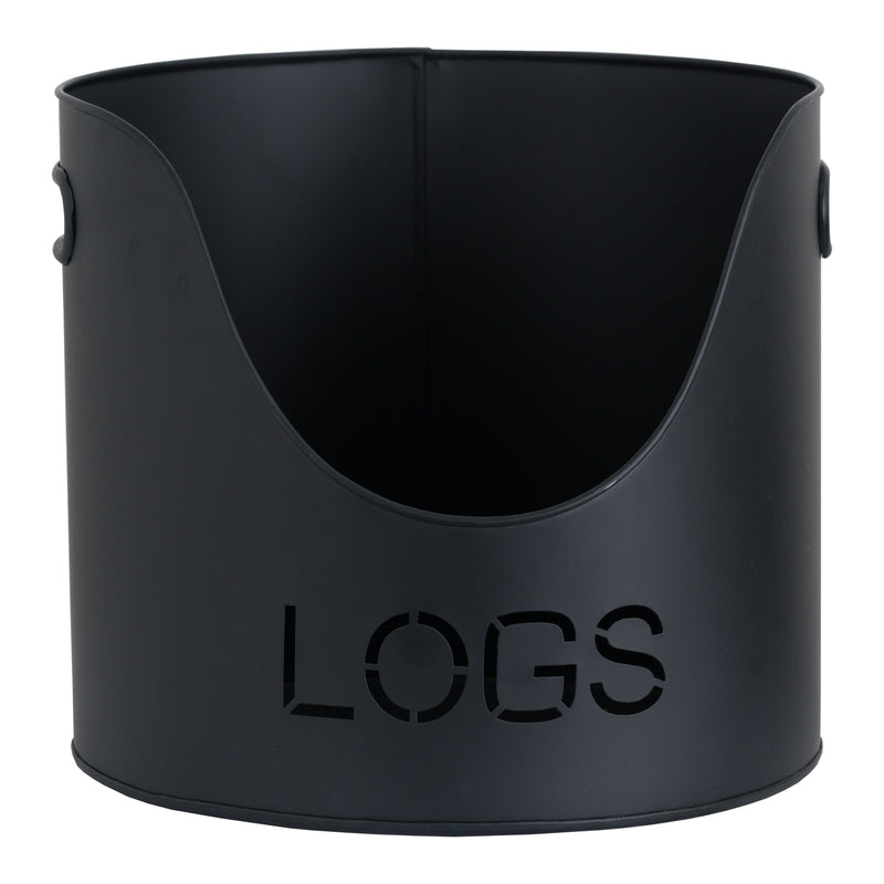 Black log bucket with cut-out LOGS lettering