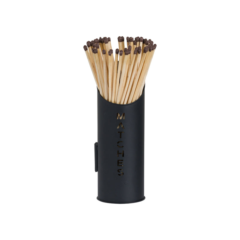Black matchstick holder filled with long matches