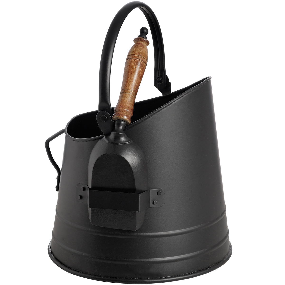 Black coal bucket with the shovel inside