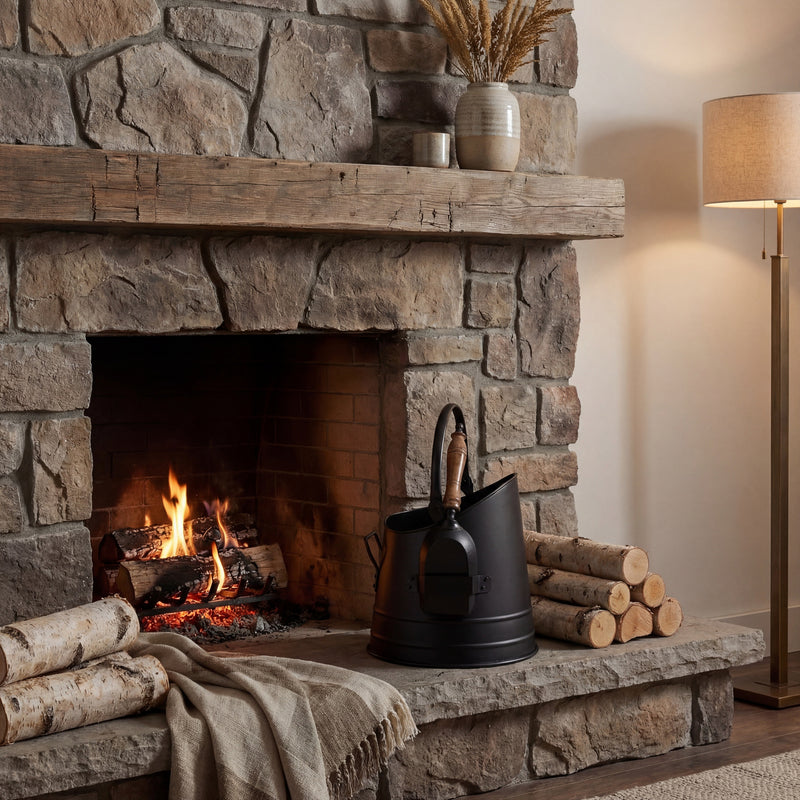 Black coal bucket next to a lit stone fireplace