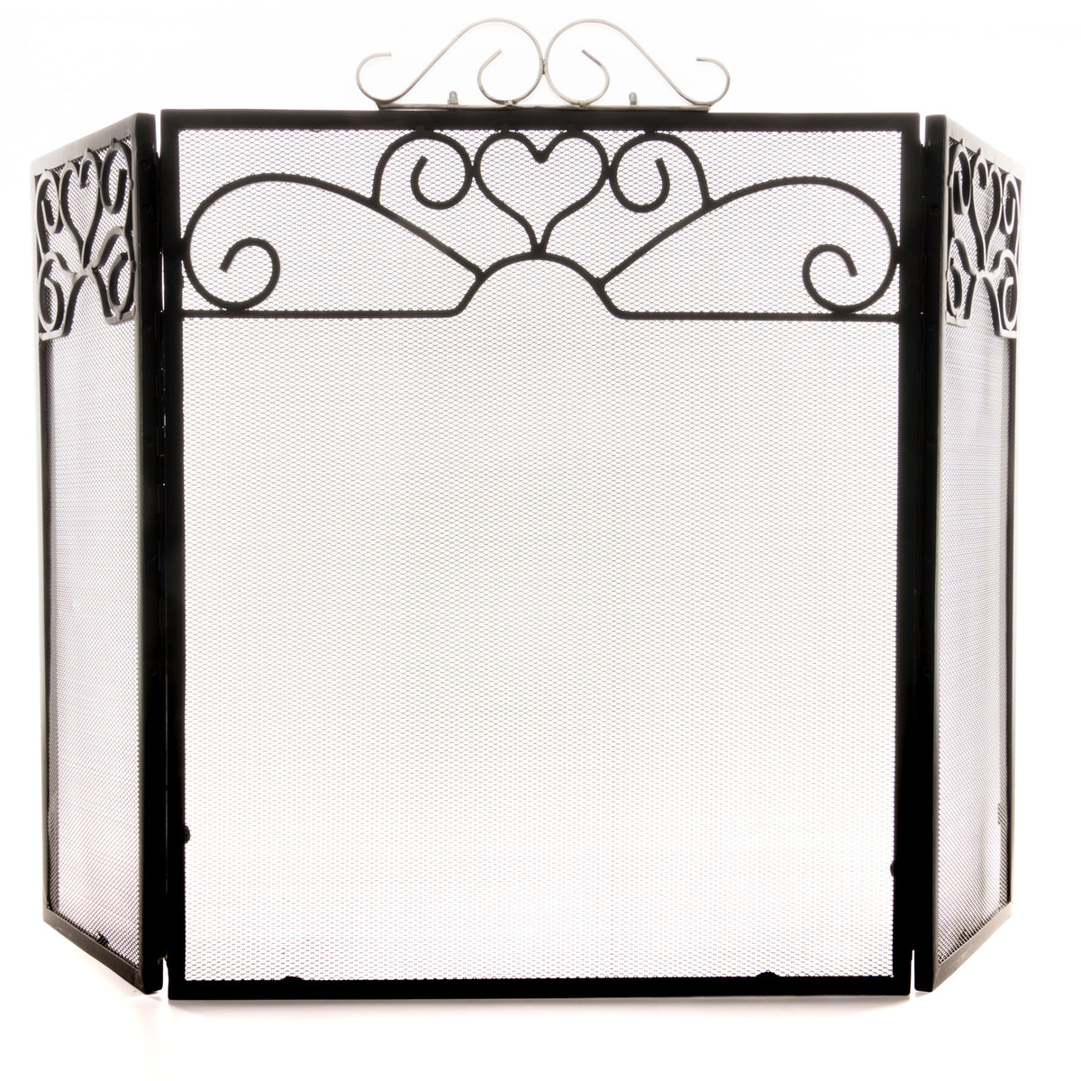 Black three-fold fire screen with chrome scroll top, front view