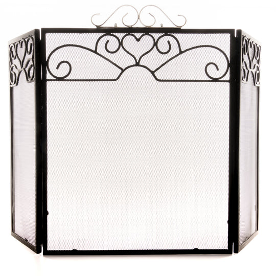 Black three-fold fire screen with chrome scroll top, front view