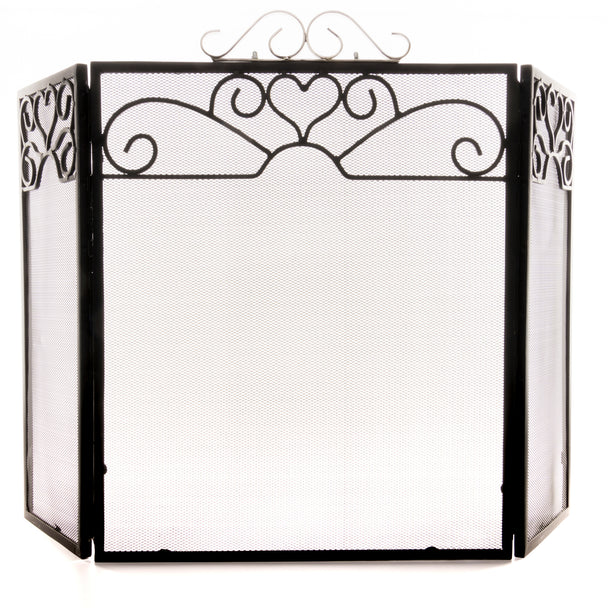 Black three-fold fire screen with chrome scroll top, front view