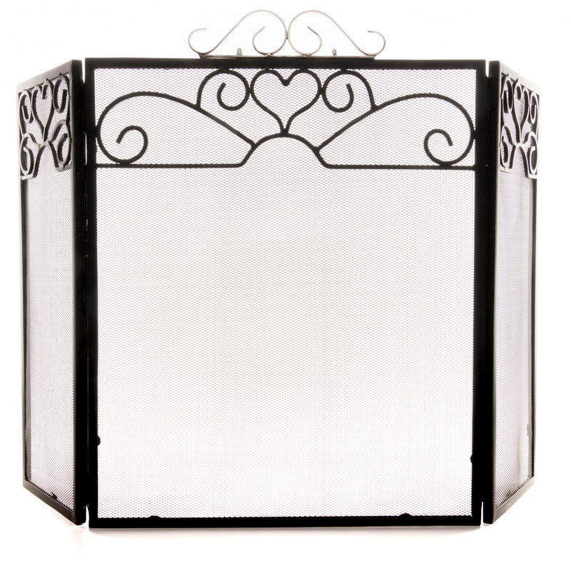 Black three-fold fire screen with chrome scroll top, front view