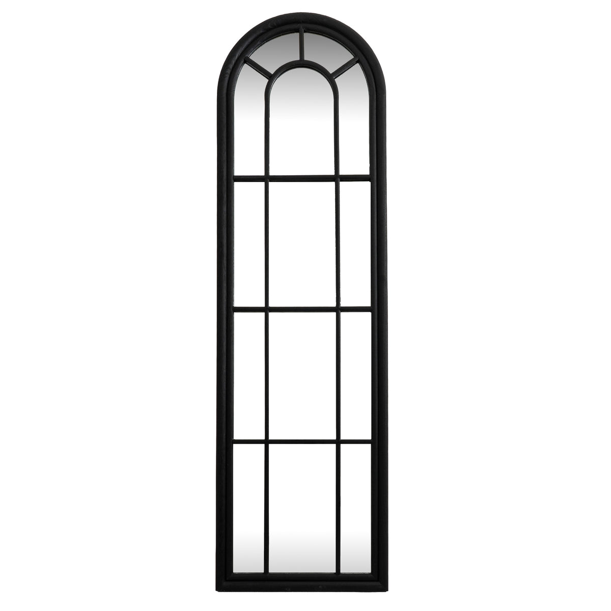 Black tall arched window mirror, front view