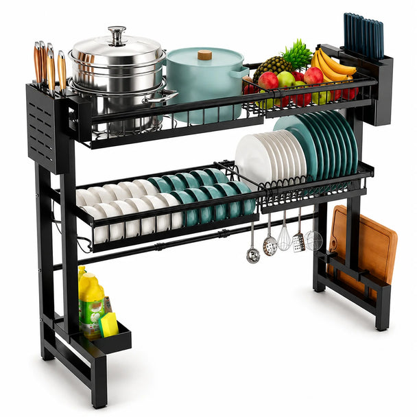 Black kitchen dish rack with various utensils and dishes on a white background