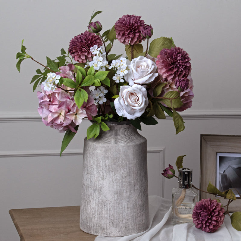 Bloomville vase filled with dahlias and hydrangeas