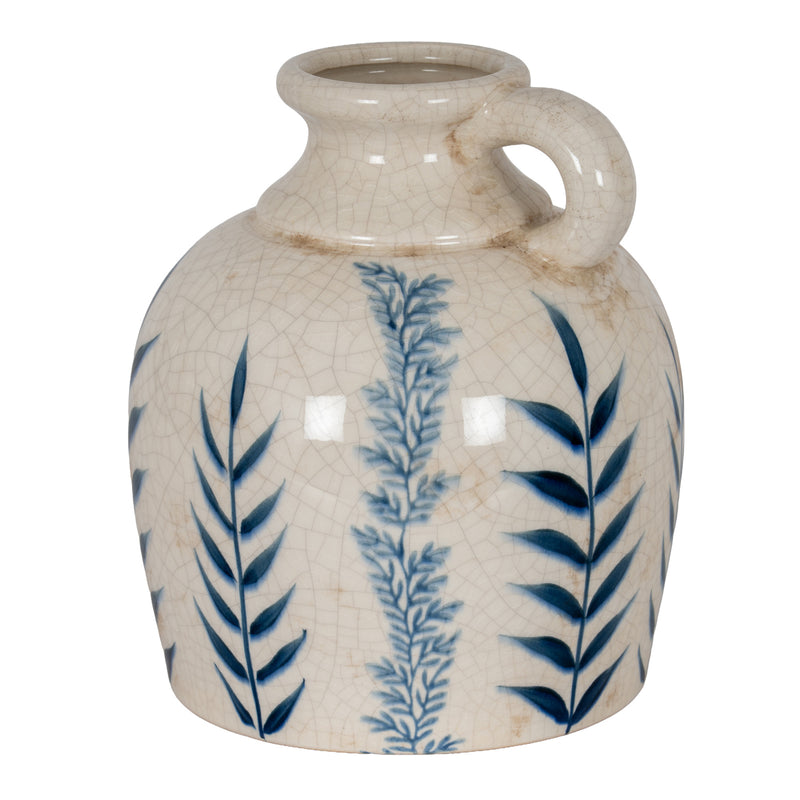 Blue Flora ceramic jug vase with blue leaf pattern, front view