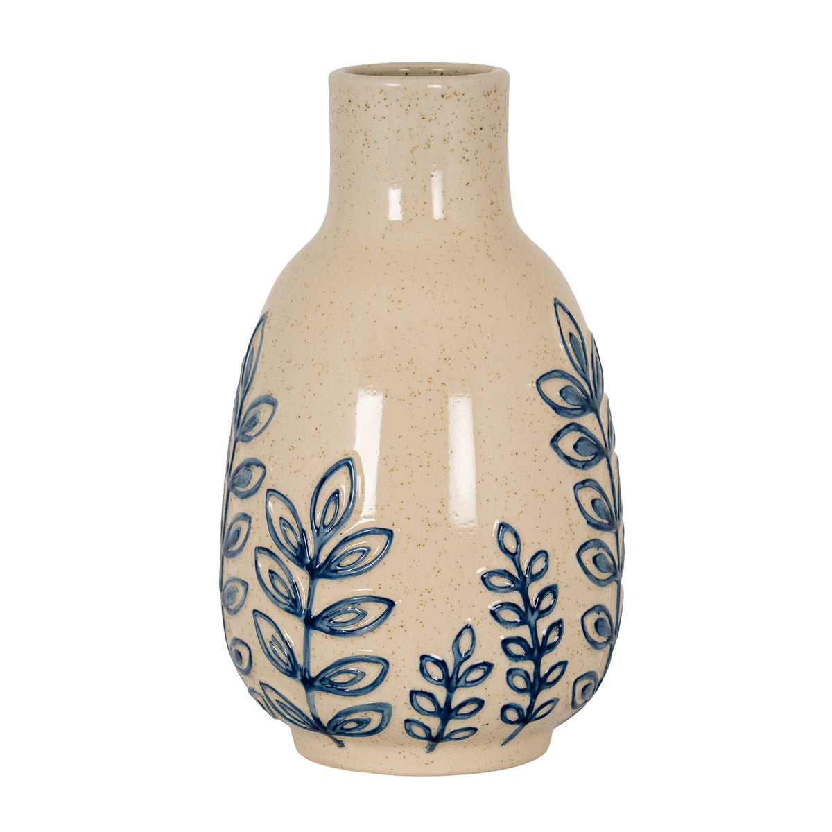 Blue Leaf medium ceramic bottle vase, front view