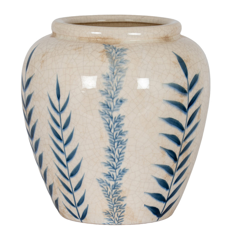Cream ceramic vase with blue leaf pattern, front view