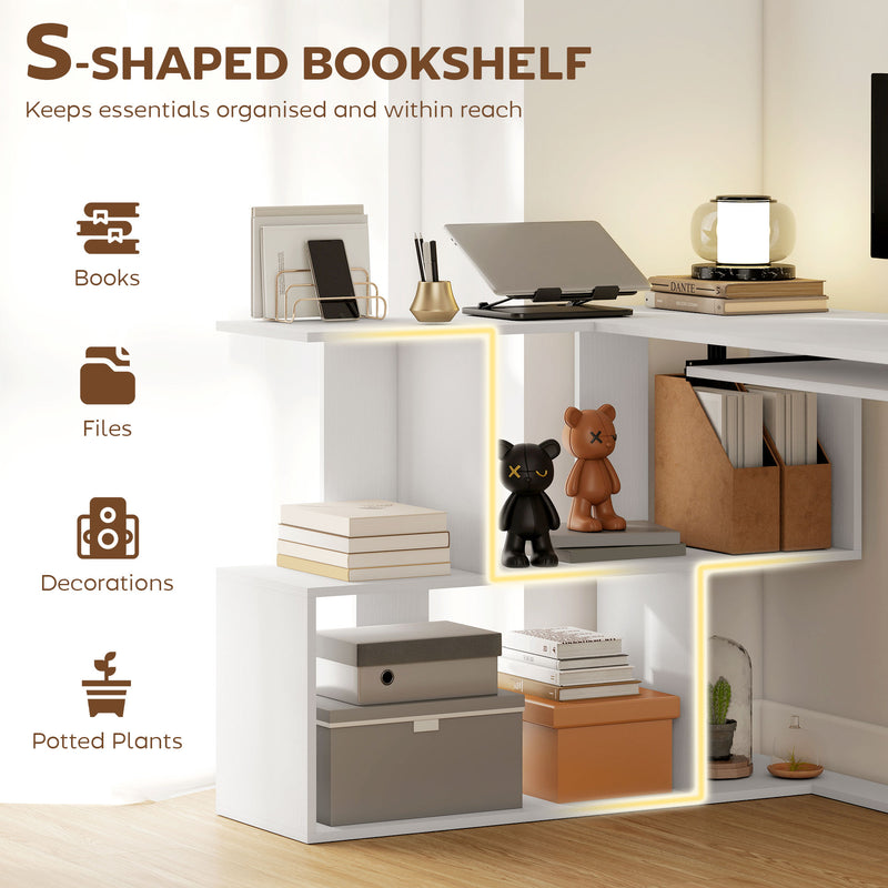 HOMCOM L-Shaped Corner Desk, Computer Desk with Keyboard Tray and Open Shelves, White Wood Effect – view 5