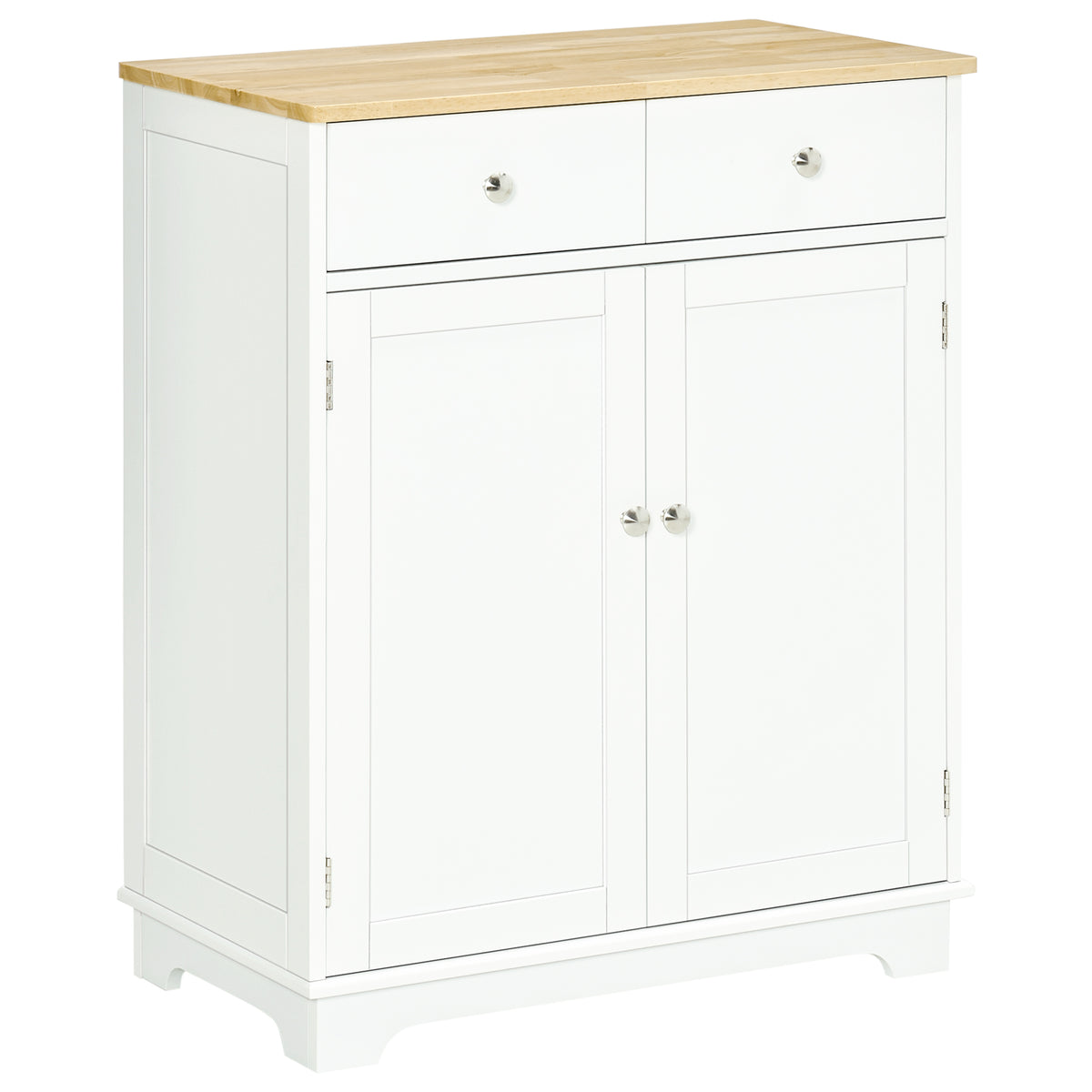 White kitchen floor cabinet with natural rubberwood top, two drawers and cupboard
