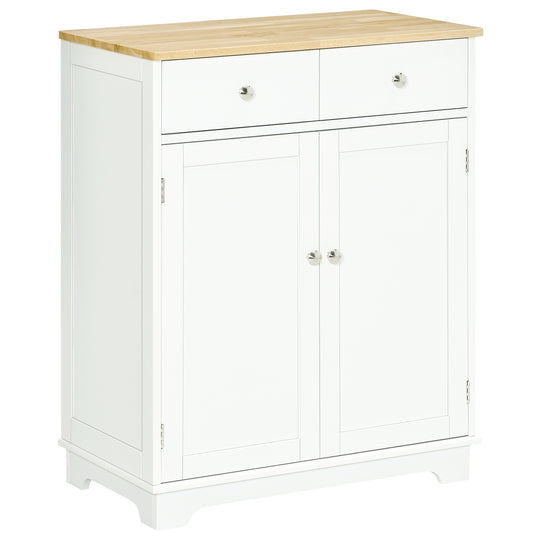 White kitchen floor cabinet with natural rubberwood top, two drawers and cupboard