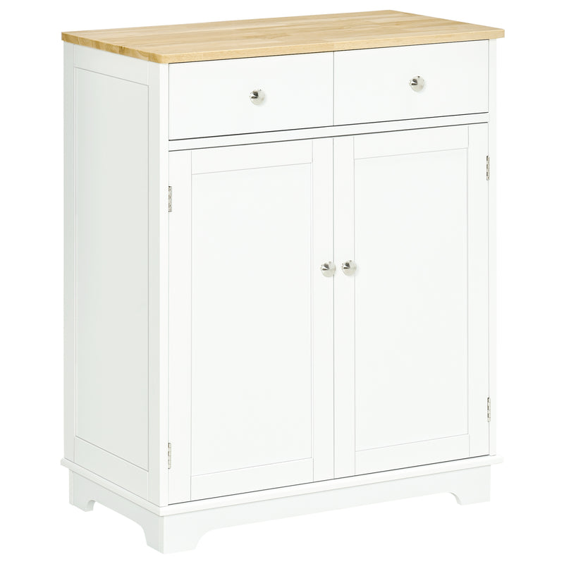White kitchen floor cabinet with natural rubberwood top, two drawers and cupboard