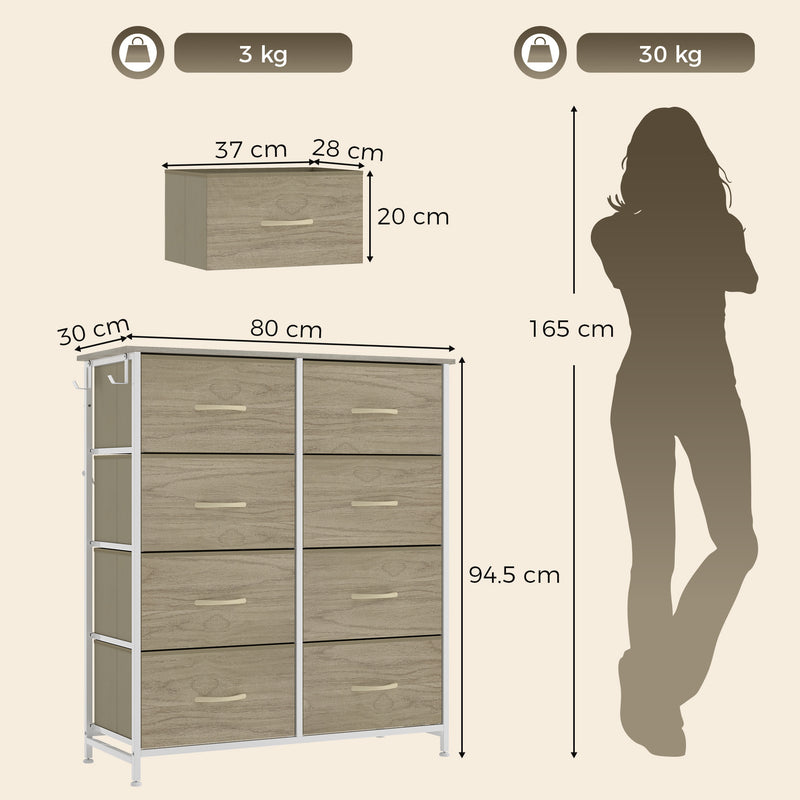 HOMCOM Chest of Drawers, Dresser for Bedroom with 8 Fabric Drawers, Tall Storage Unit w/ Side Storage Bag, Natural Wood – view 3