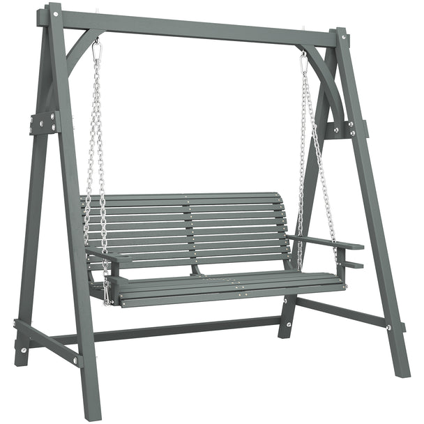 Grey 2-seater wooden garden swing seat hanging from larch A-frame with cup trays