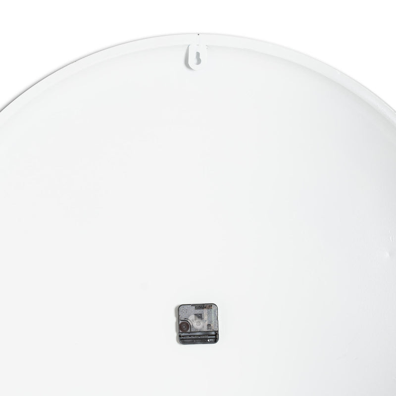 Back of the white clock showing the movement and hanging point