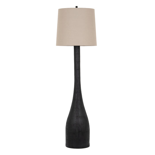 Brompton black floor lamp with grey linen shade, front view