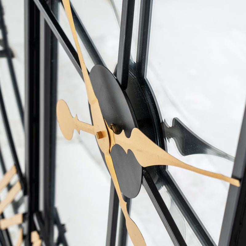 Angled view of the gold hands and black centre