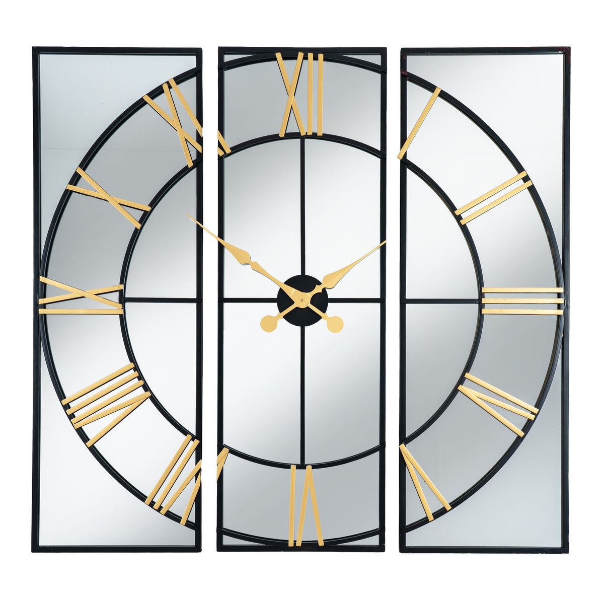 Brooklyn three-panel mirrored wall clock in black and gold