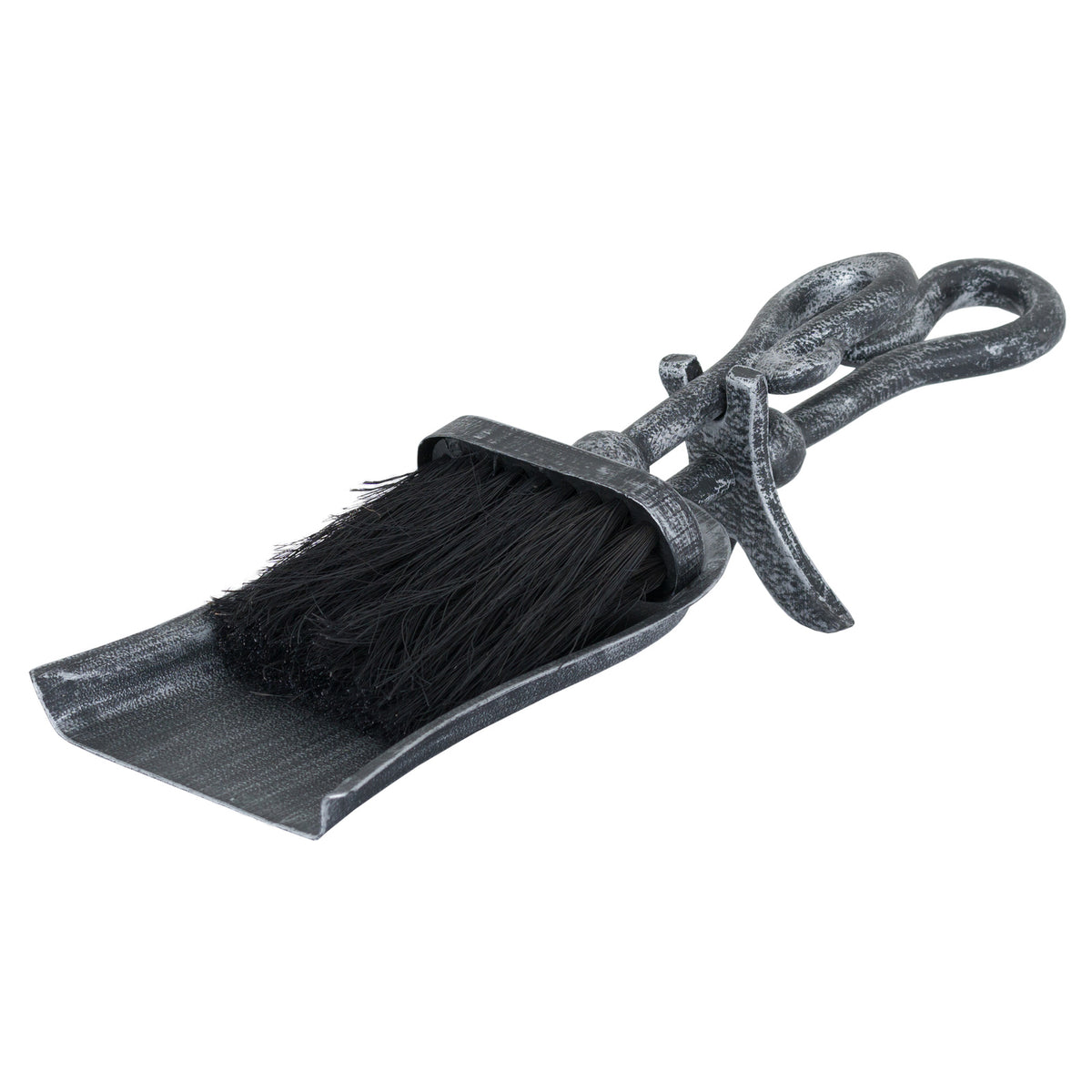 Brushed steel crook-top hearth tidy set, side view