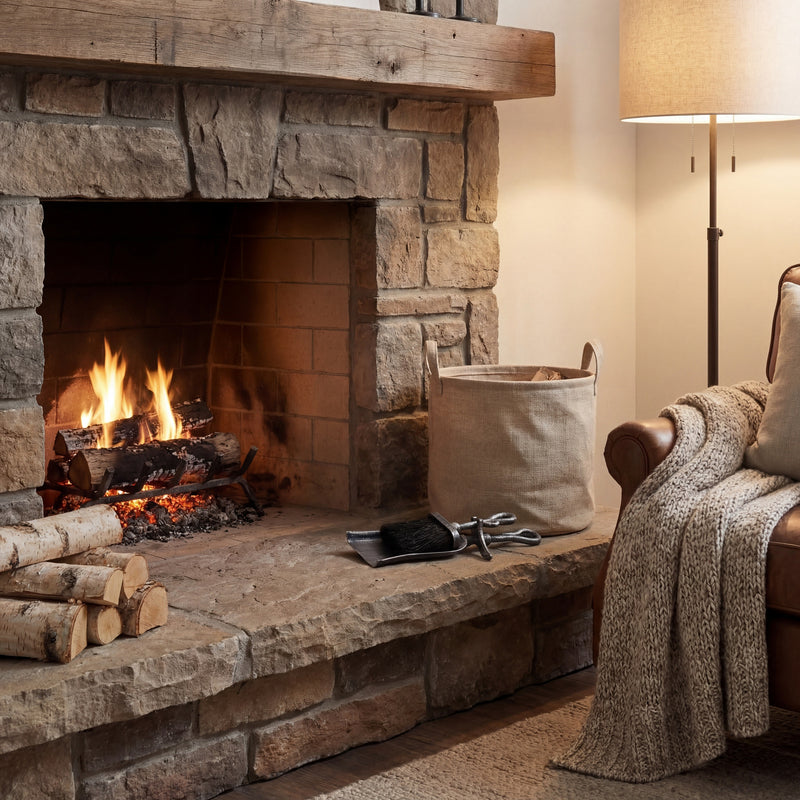 Hearth tidy set on a stone hearth beside a lit fire