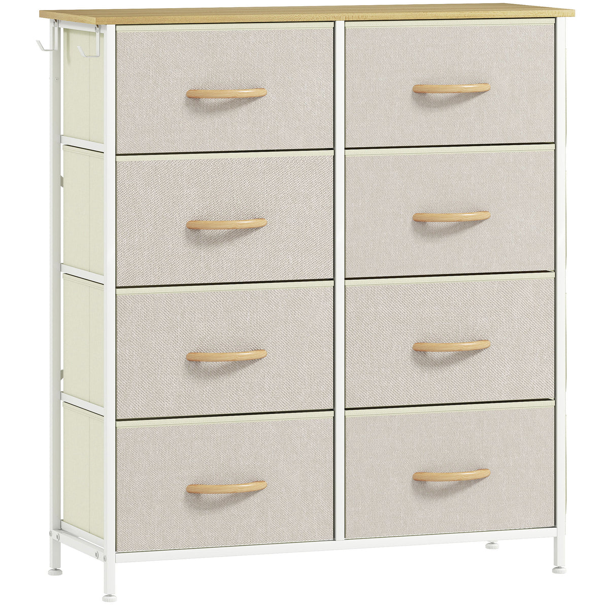 Beige 8-drawer fabric chest of drawers with side pockets, white frame and wood-effect top