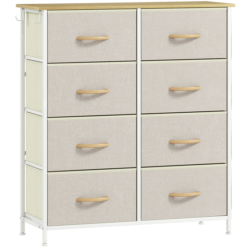 Beige 8-drawer fabric chest of drawers with side pockets, white frame and wood-effect top