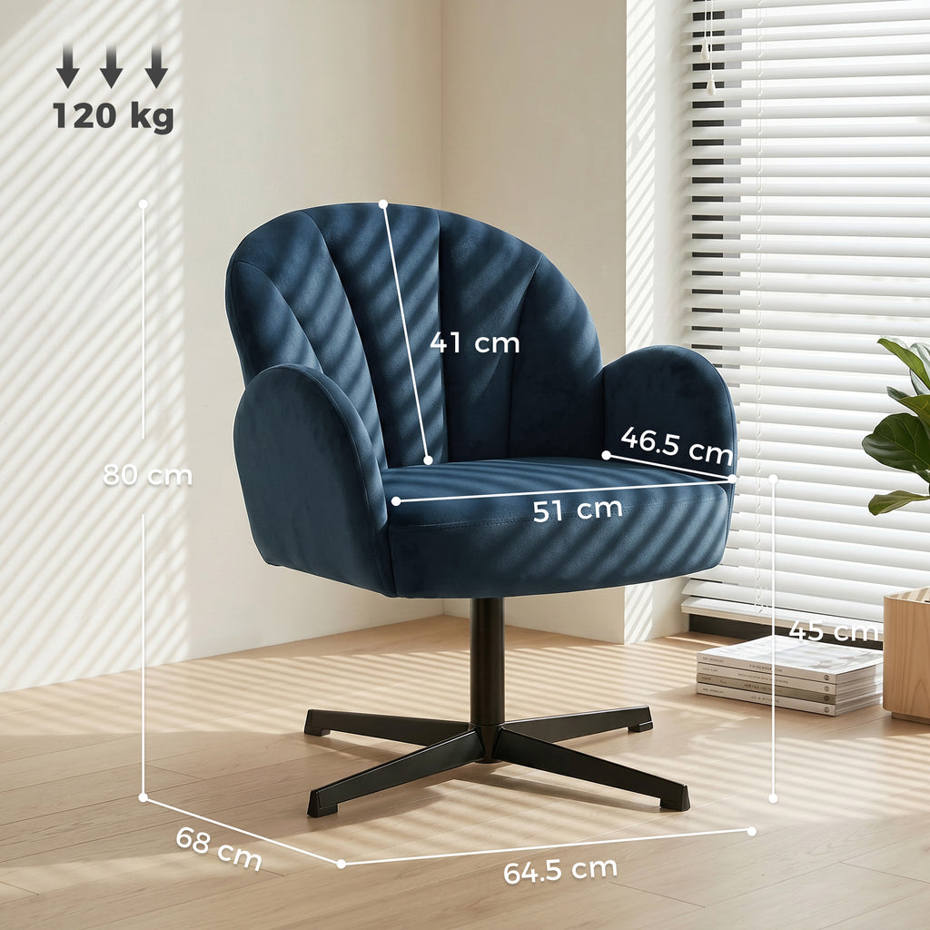 Swivel Accent Chair, Shell-Shaped Armchair with Spring Cushion, Metal Base, Dark Blue
