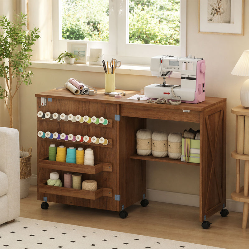 HOMCOM Folding Sewing Table, Rolling Craft Table with Storage compartments, Shelf and Lockable Casters for Small – view 8