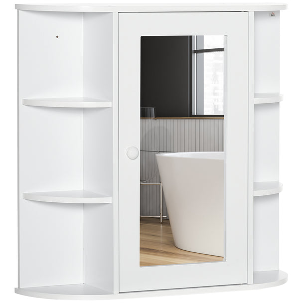 White wall-mounted bathroom mirror cabinet with central mirrored door and open side shelves