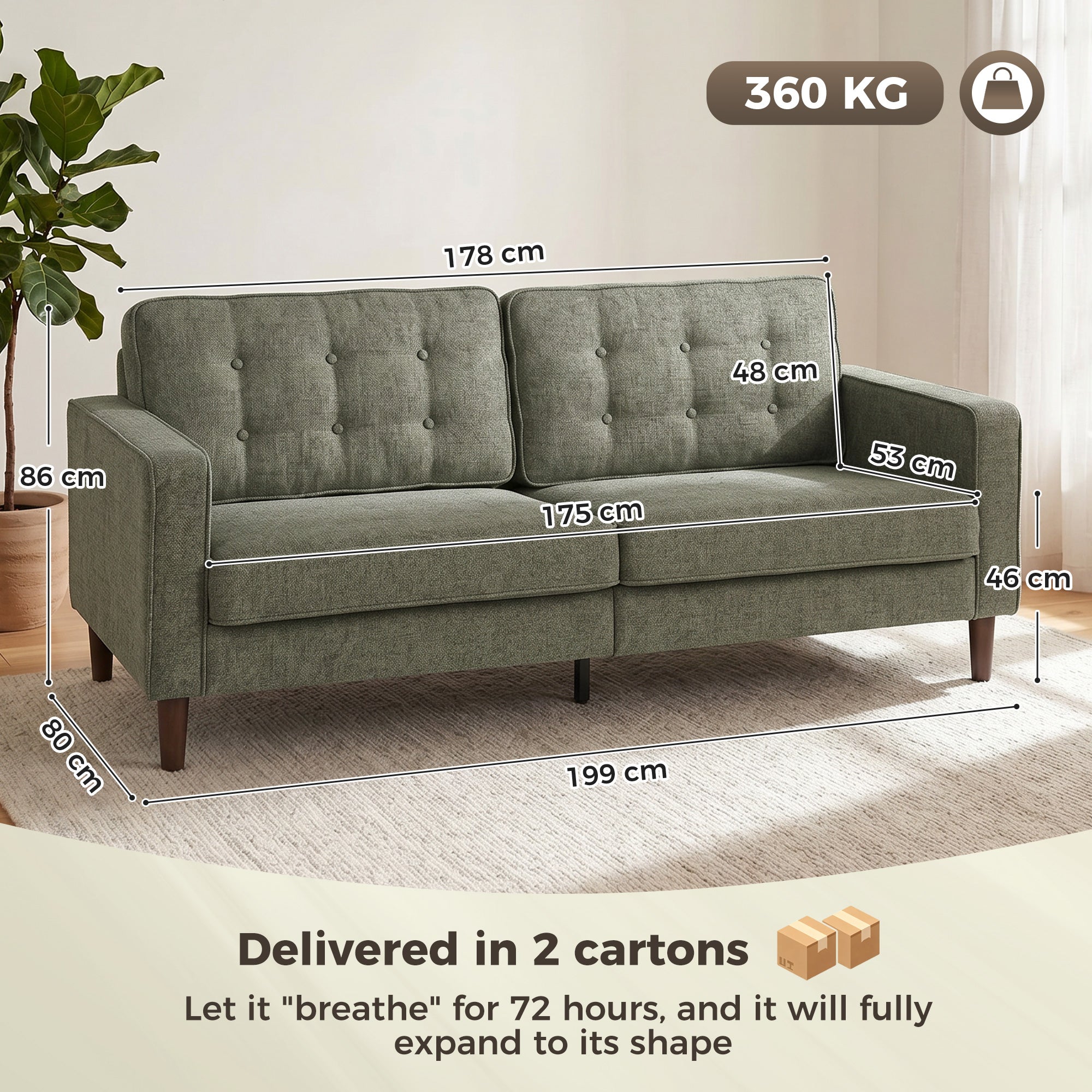 3 Seater Sofa Button Tufted Upholstered Couch with Wood Legs for Living Room, Green