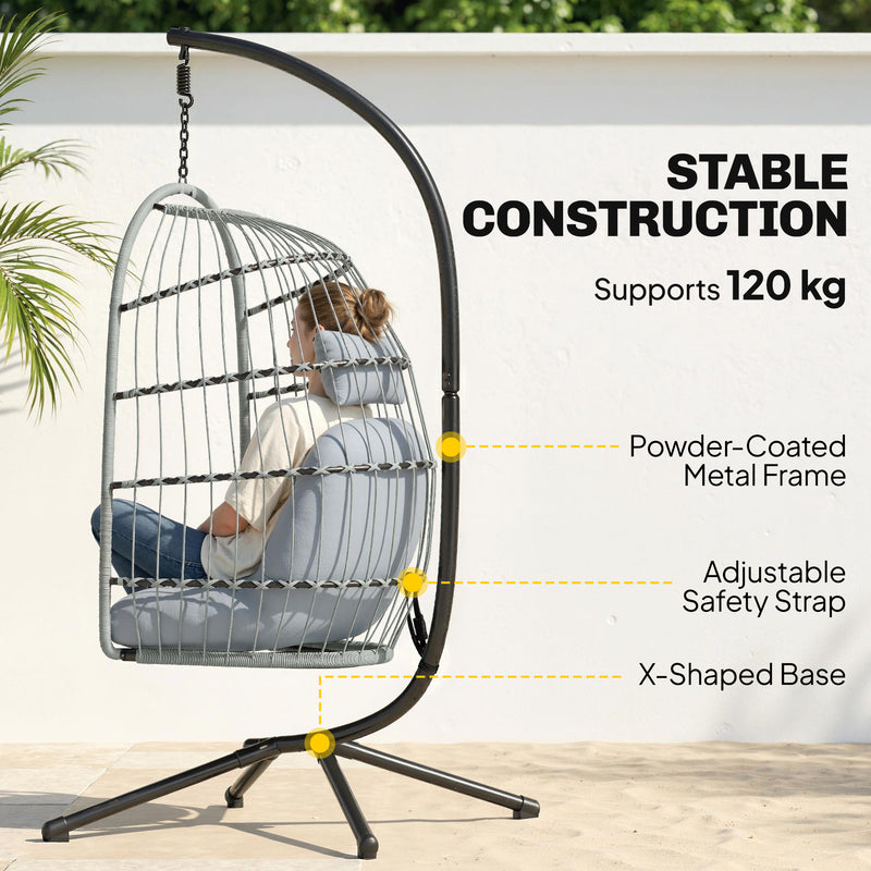 Outsunny Hanging Egg Chair, Indoor Outdoor Hammock Swing Chair with Stand, Safety Strap, Foldable Basket, Light Grey – view 4