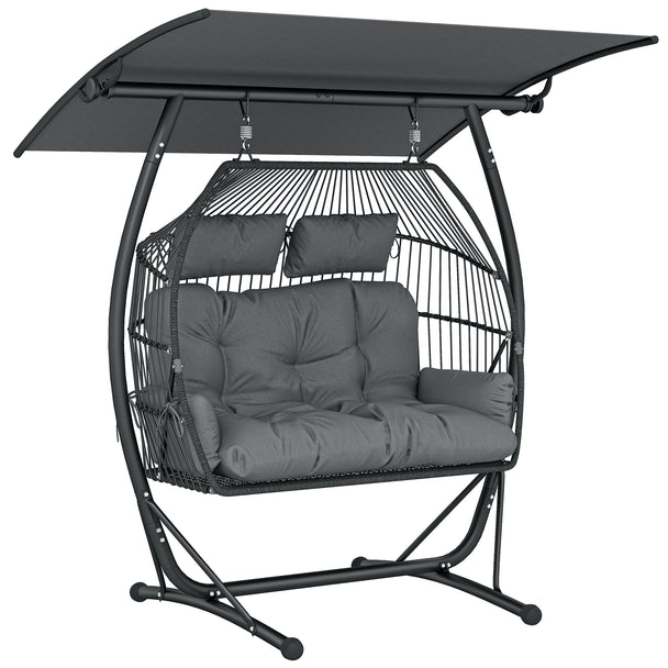 Outsunny Double Hanging Egg Chair with Canopy, Rattan Garden Egg Swing Chair with Cushion, Stand for Indoor Outdoor