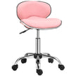 Pink rolling salon chair with padded seat and backrest on a chrome five-wheel base