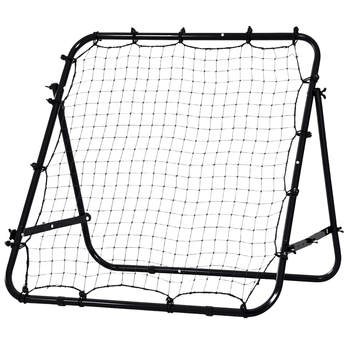 Black football rebounder net with steel frame, elastic cords and adjustable angle