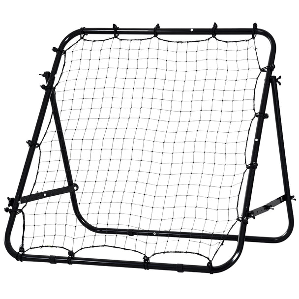 Black football rebounder net with steel frame, elastic cords and adjustable angle