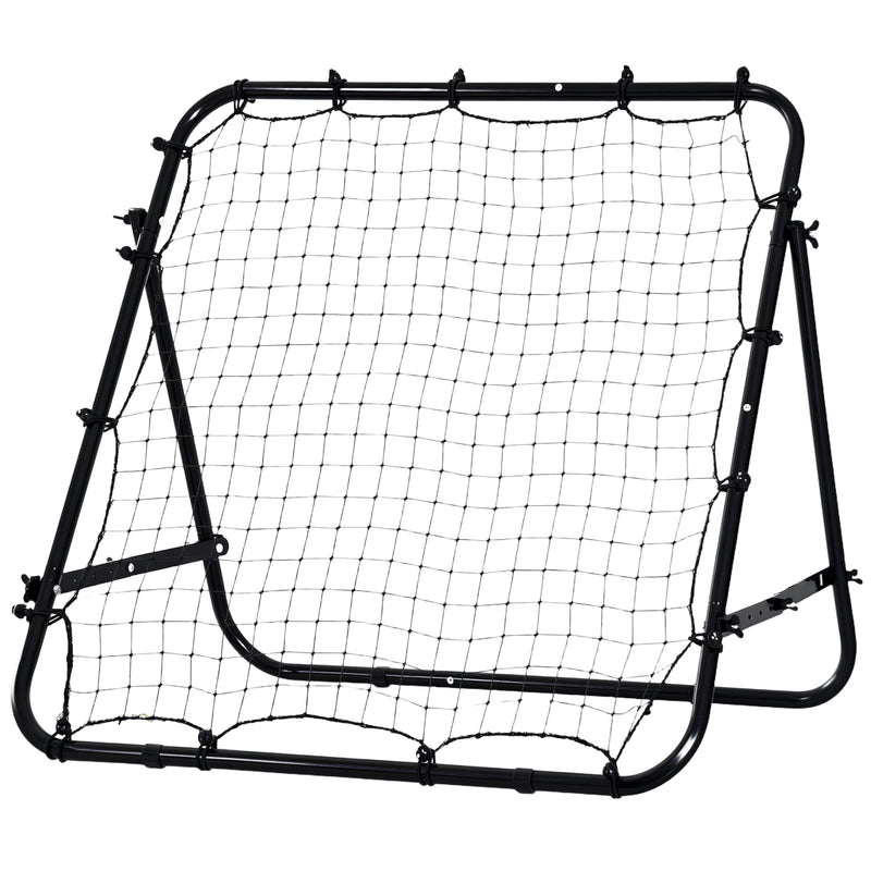Black football rebounder net with steel frame, elastic cords and adjustable angle